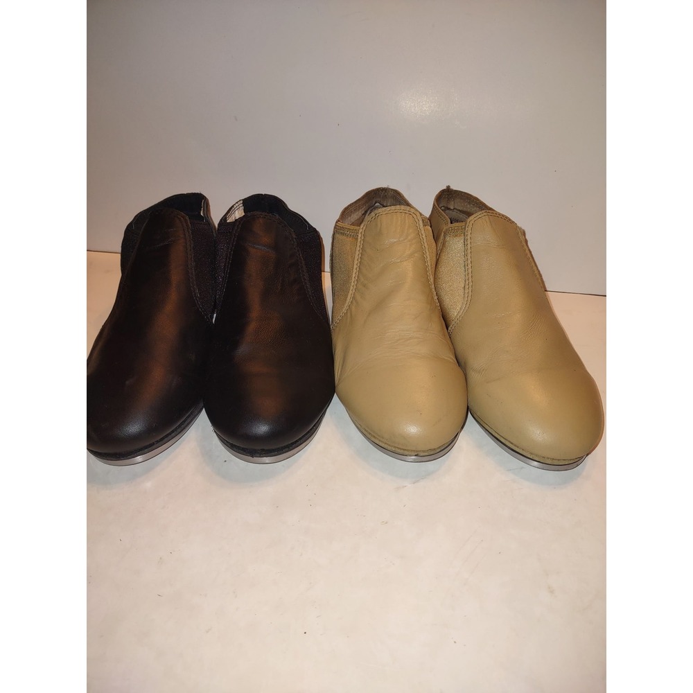 2 Pairs - Revolution Dancewear Tap Shoes Size 7 Tan & Size 6 Black Leather Kids